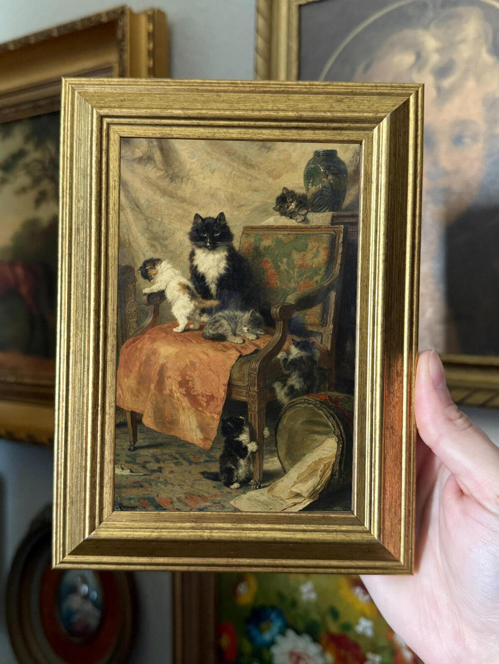 Vintage Mom & Kitties on Chair Art Print Framed